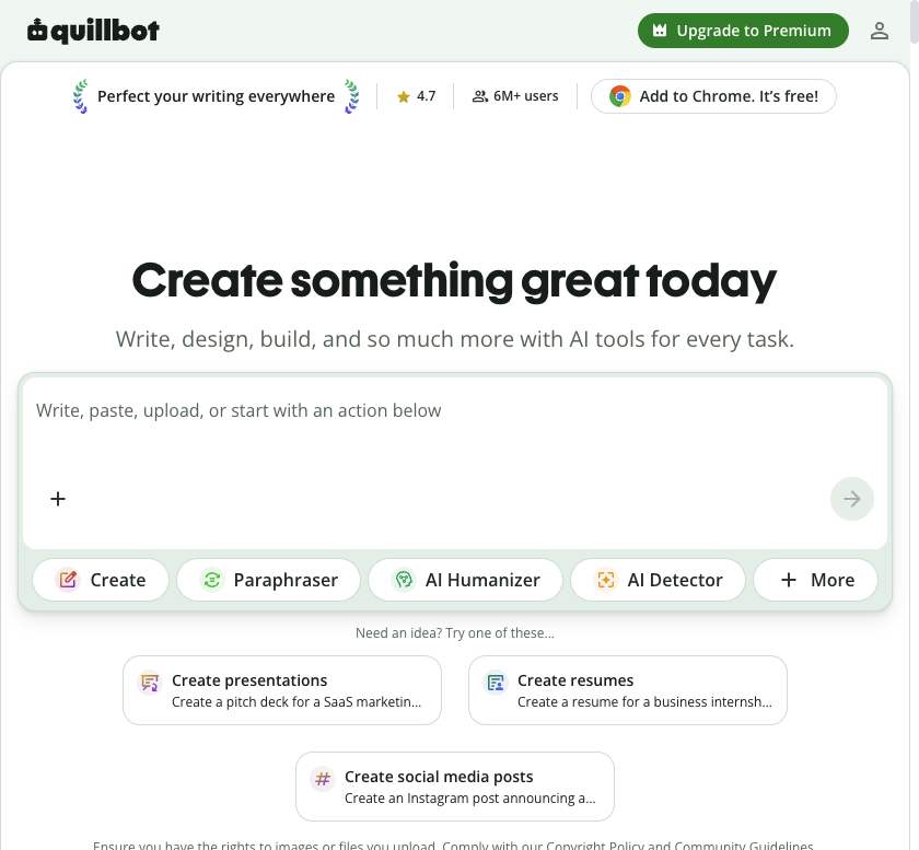 Screenshot of the official QuillBot website