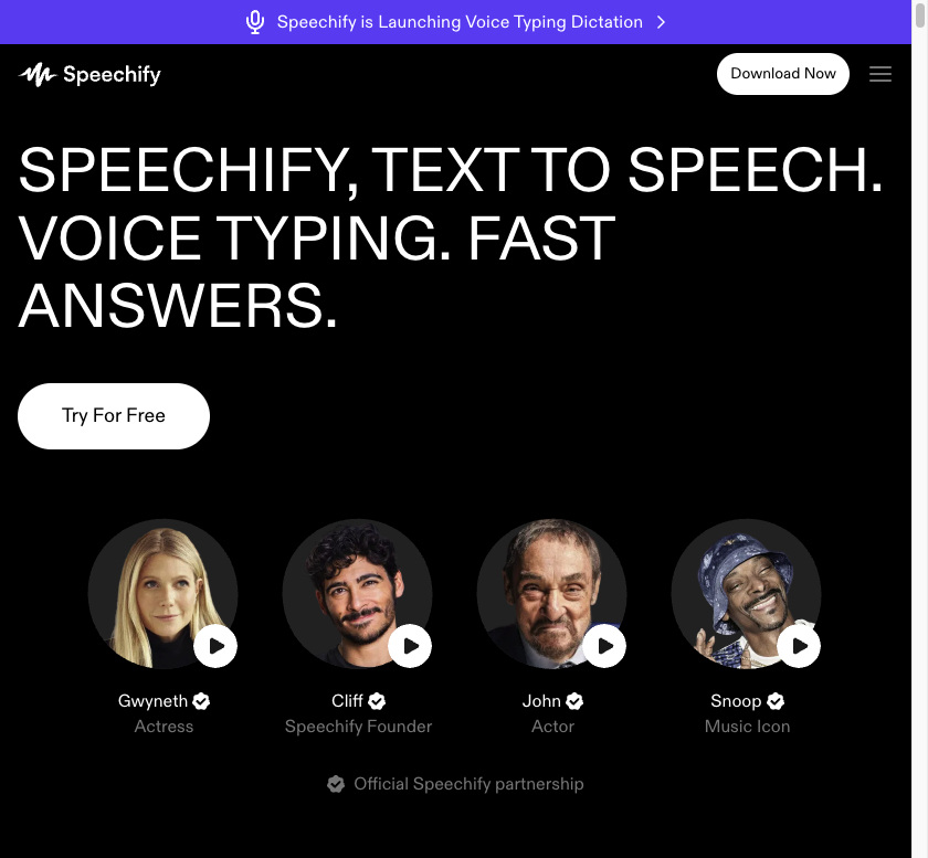 Screenshot of the official Speechify website