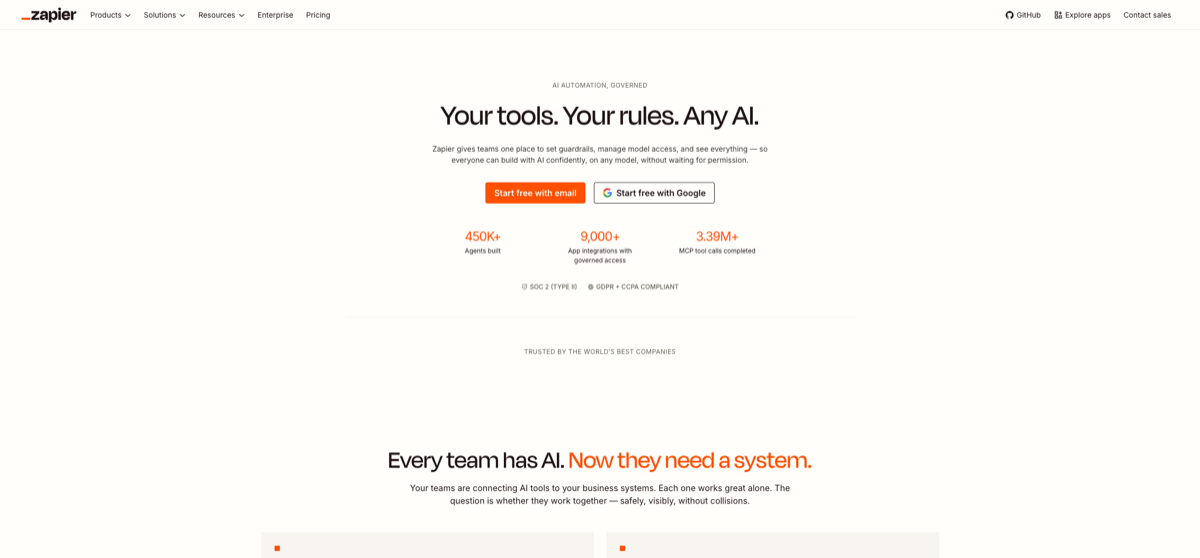Screenshot of the official Zapier website